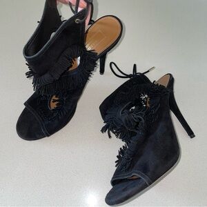 Aquazzura Suede Fringe Black Heels Size 39.5